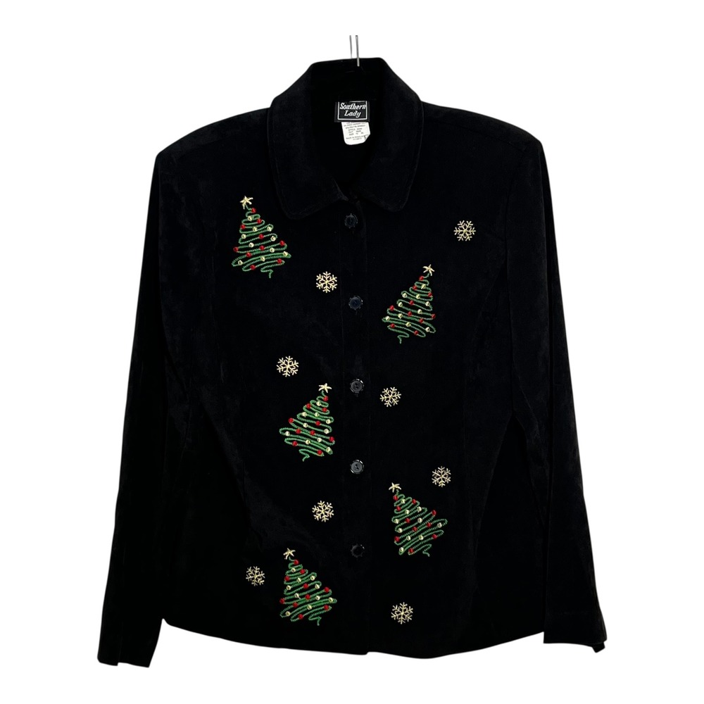 Southern Lady Christmas Tree Beaded‎ Faux Suede Jacket Black Womens 10 849B